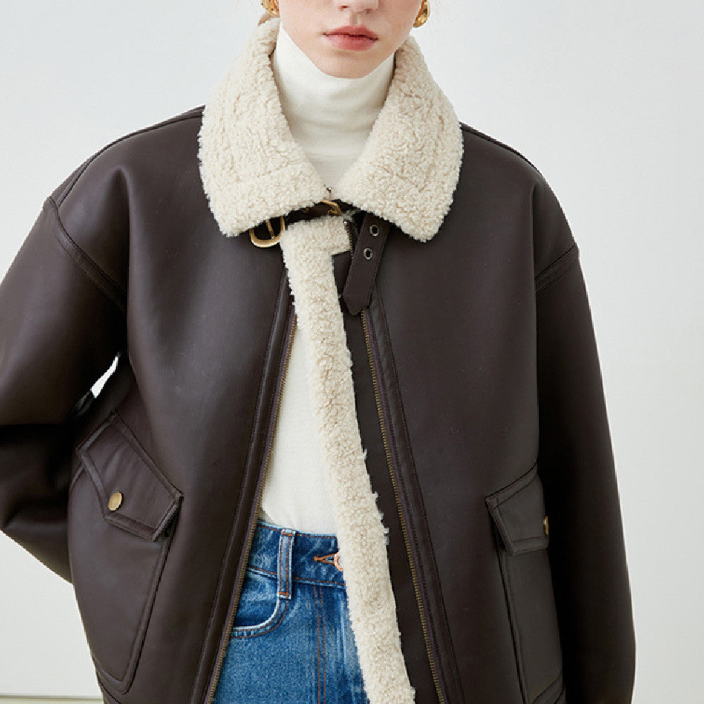 Veste Coréen Femme en Cuir Plush – Coupe Lâche et Épais - Vestico