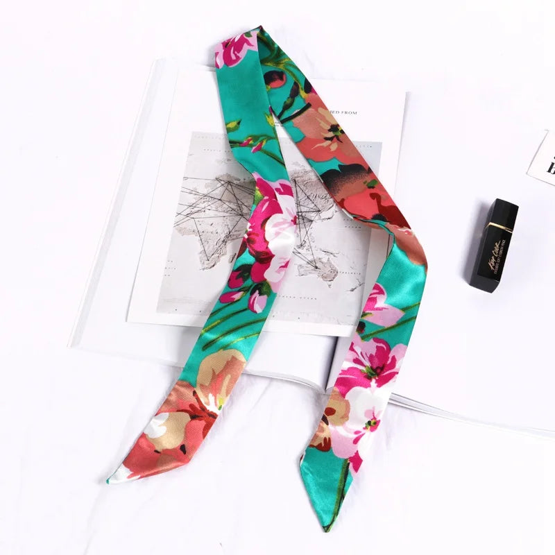 New Print Flower Small Scarf for Women Handle Bag Ribbons Brand Fashion Head Scarf Small Long Skinny Scarves Wholesale Headbands - Vestico