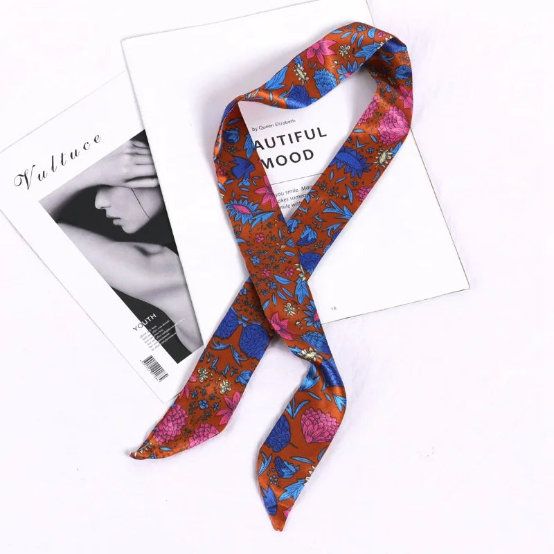 New Print Flower Small Scarf for Women Handle Bag Ribbons Brand Fashion Head Scarf Small Long Skinny Scarves Wholesale Headbands - Vestico