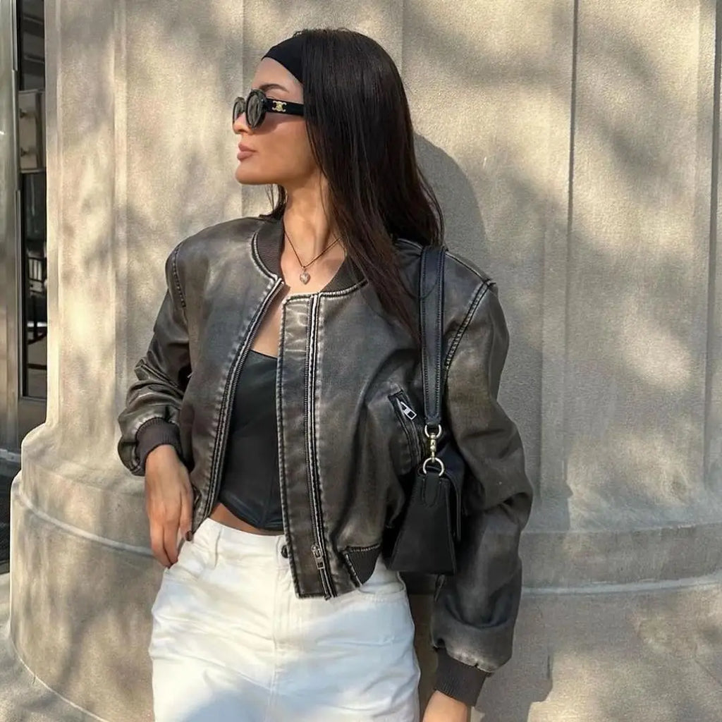 Veste Femme Vintage en Simili Cuir Lavé – Col Montant, Zippée, Style Motard Chic - Vestico