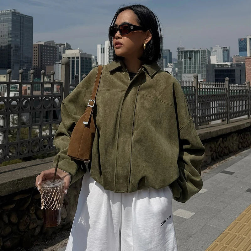 Veste Bomber Femme Suédine – Col Revers, Coupe Courte, Style Racing Chic - Vestico