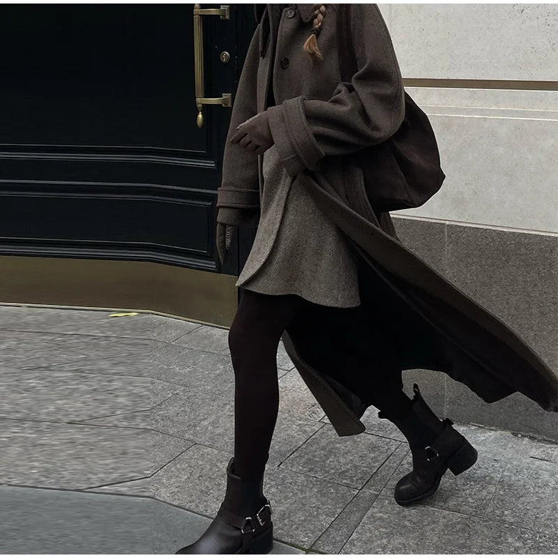 Manteau Long Élégant à Ceinture – Double Boutonnage Gris pour l’Automne/Hiver - Vestico