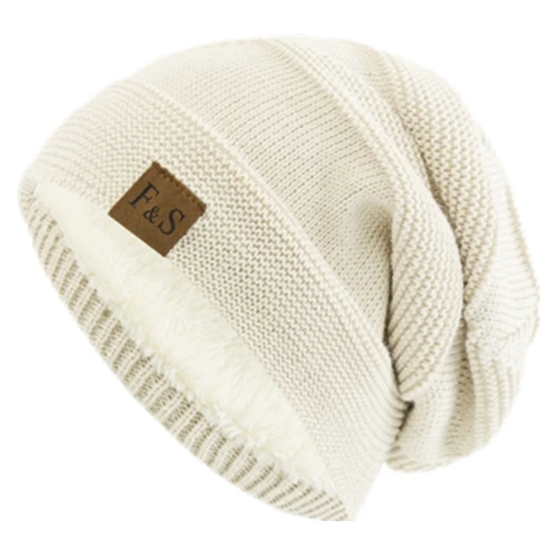 New Unisex Slouchy Winter Hats Add Fur Lined Men And Women Warm Beanie Cap Casual Label Decor Winter Knitted Hats - Vestico