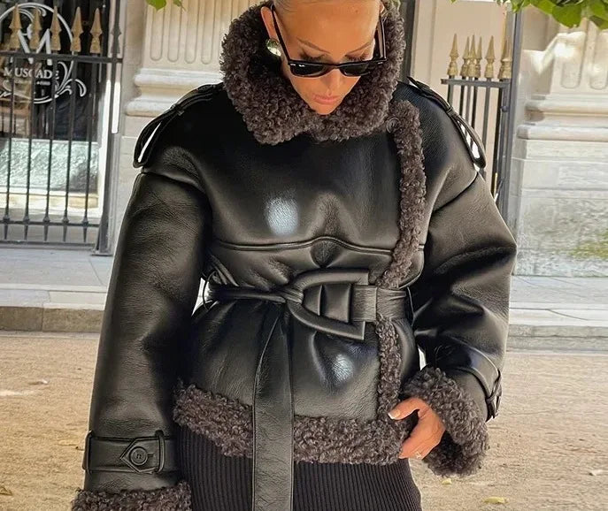 Manteau long femme effet cuir et fausse fourrure – ceinturé style urbain