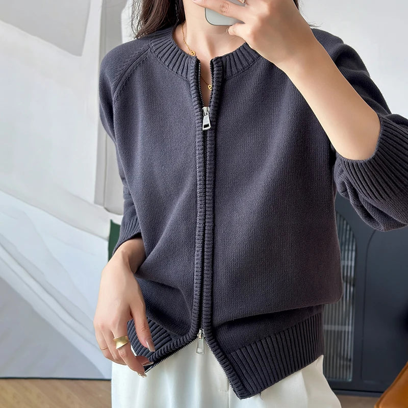 Cardigan Femme en Coton – Col Rond, Fermeture Zippée & Coupe Ample