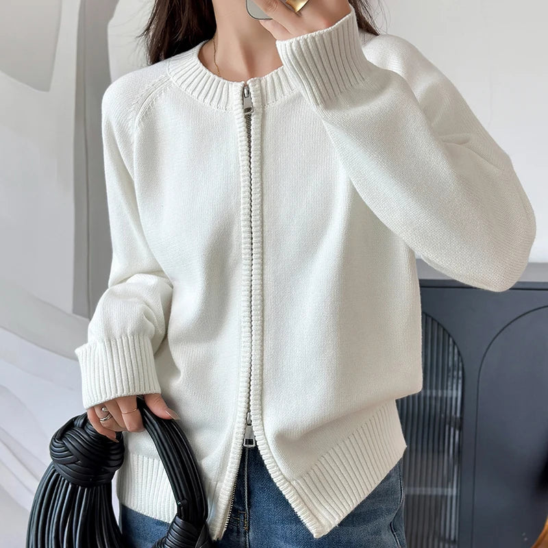 Cardigan Femme en Coton – Col Rond, Fermeture Zippée & Coupe Ample