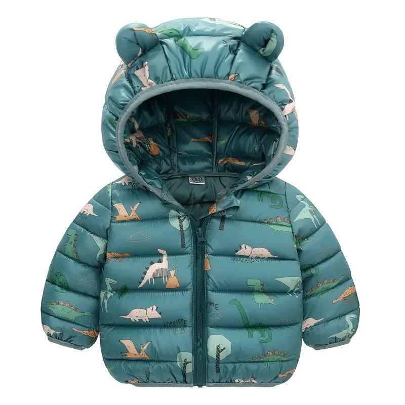 Children Boys Baby Hooded Lightweight Down Jackets Warm Outerwear Autumn Kids Girls Coats Cartoon Dinosaur Print Casual Clothing - Vestico