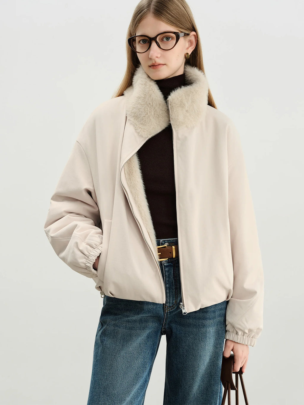 Veste courte réversible femme à col en fausse fourrure – style vintage workwear