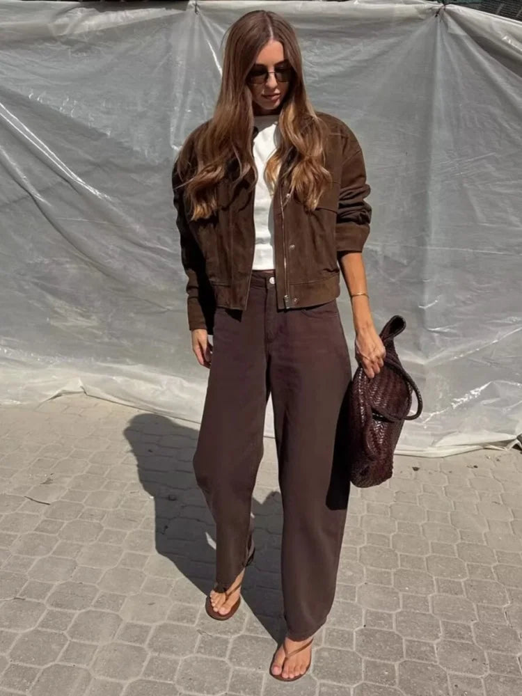 Veste femme effet suédine col montant – manteau chic automne/hiver