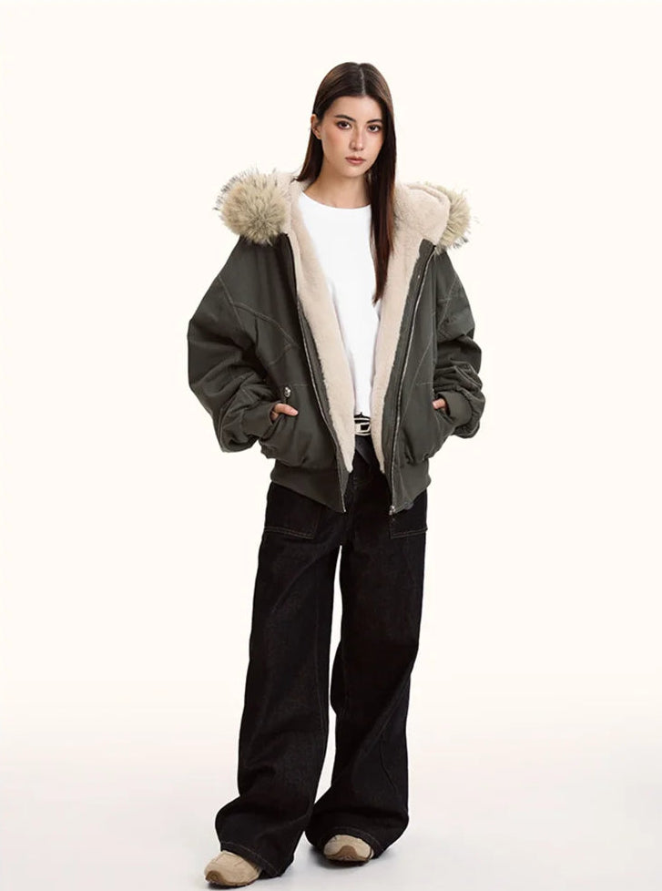 Parka d’hiver à capuche avec col en fausse fourrure – style Y2K streetwear
