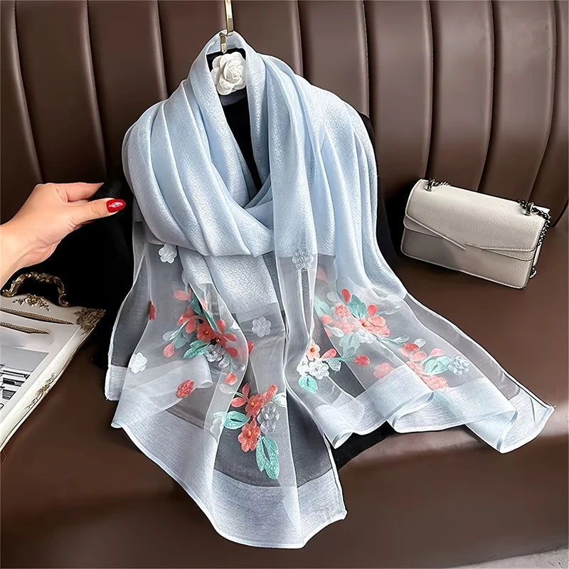 Women Silk Wool Scarf Floral Embroidery Hijab Female Foulard Spring Summer Thin Pashmina Shawls Wraps Bufanda Headscarf Stoles - Vestico