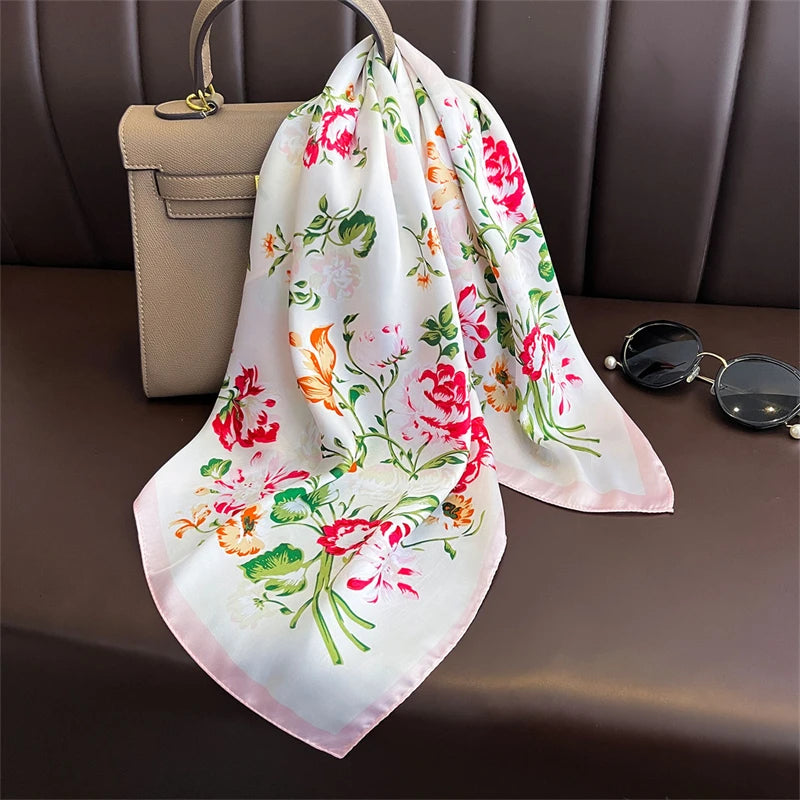 Bohemian Style Print Luxury Brand Silk Square Scarf Women Satin Shawls Neckerchief Wrap Scarves Bandana Hair Hjiab Floral - Vestico