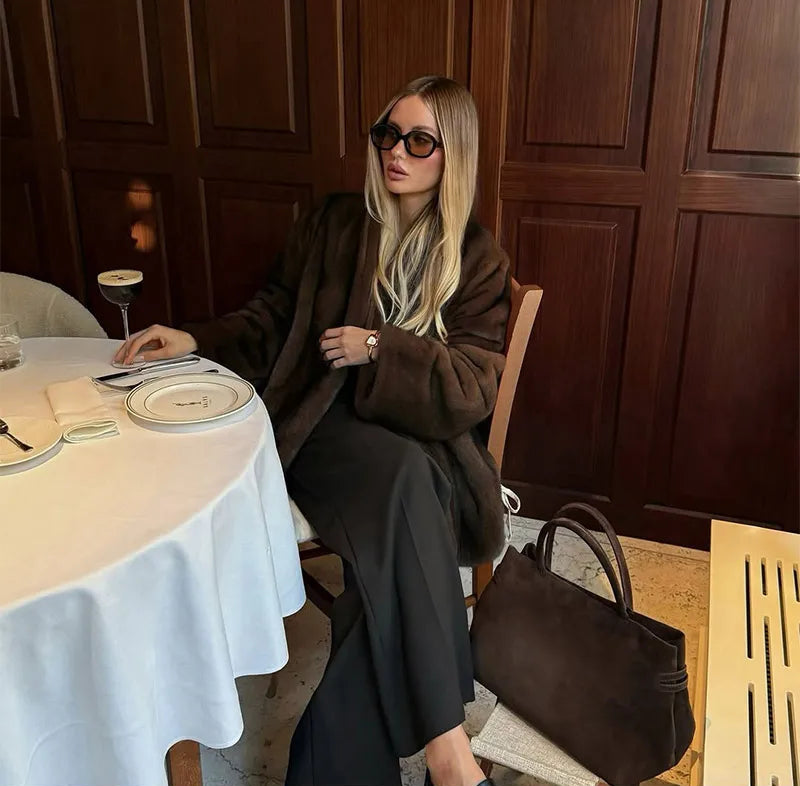 Veste Courte Femme en Fausse Fourrure Marron – Col Revers Col V Style Décontracté