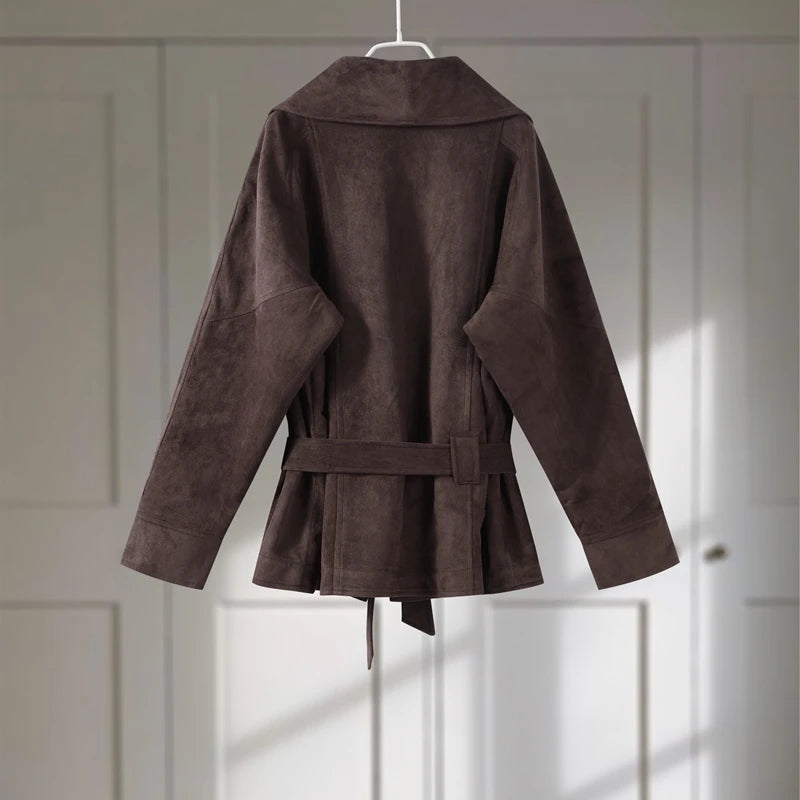 Veste Femme Vintage Suédée 2025 – Col V, Ceinturée, Manche Longue - Vestico