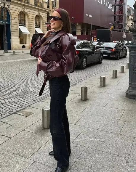 Veste PU Rouge Vin Femme – Style Street & Slim Fit - Vestico