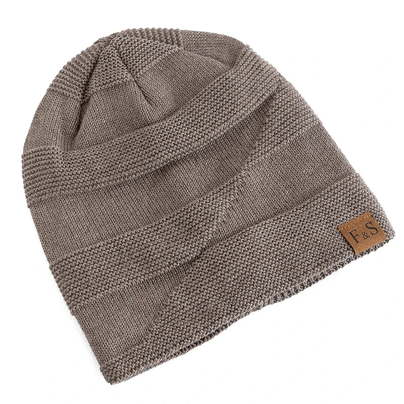 New Unisex Slouchy Winter Hats Add Fur Lined Men And Women Warm Beanie Cap Casual Label Decor Winter Knitted Hats - Vestico
