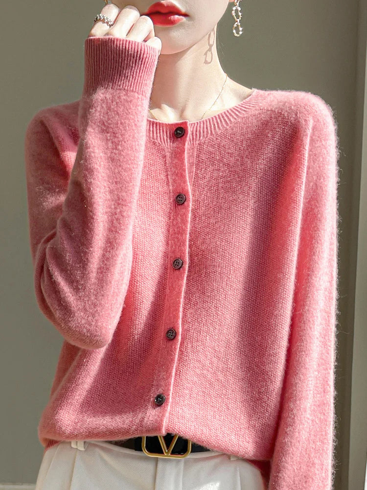 Cardigan Femme 100 % Laine Mérinos – Col Rond, Boutonné & Doux - Vestico