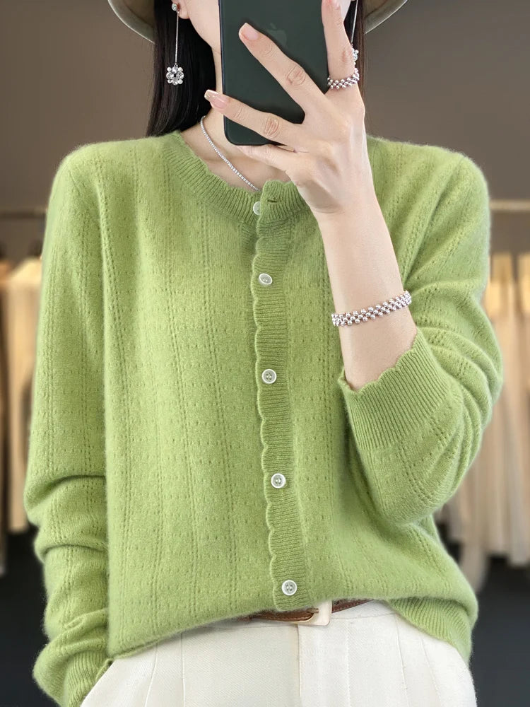 Cardigan Femme 100% Laine Mérinos – Design Dentelle et Tricot Creux - Vestico