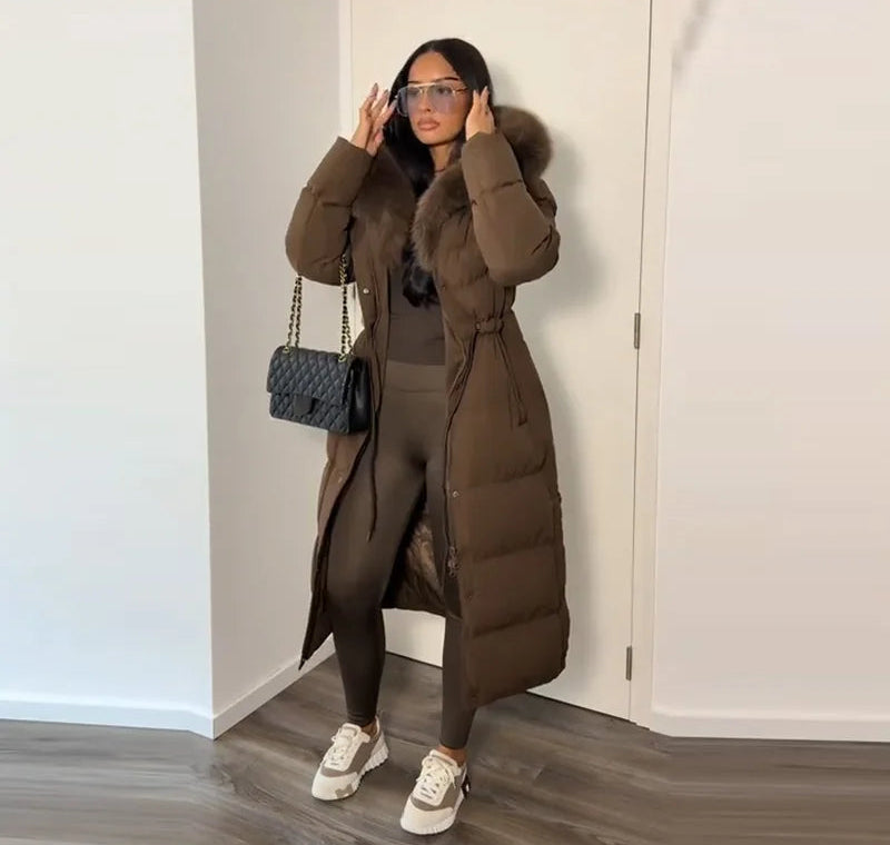 Manteau long matelassé femme – col montant élégant avec poches