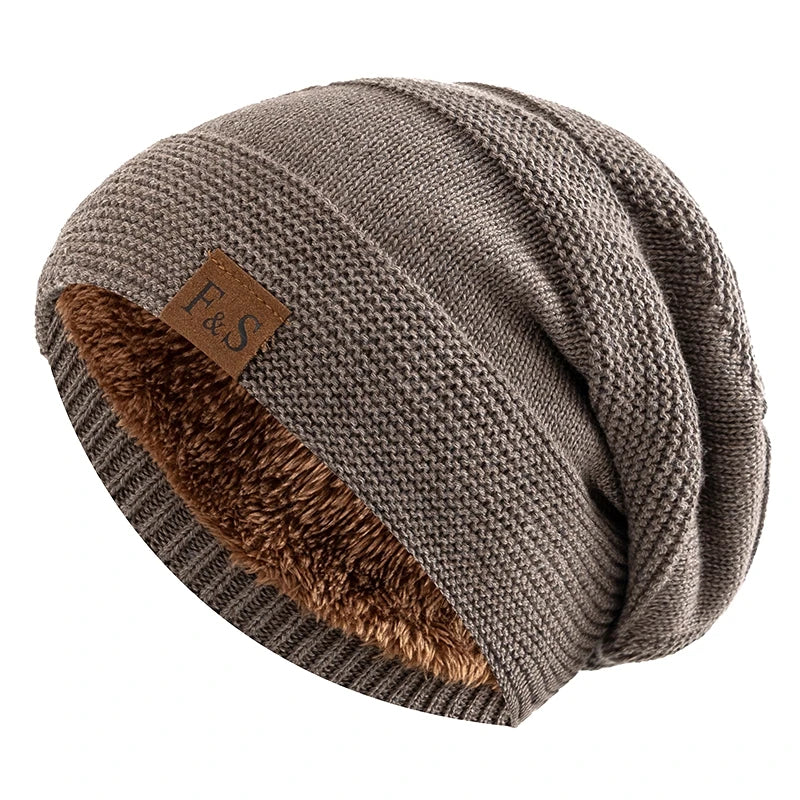 New Unisex Slouchy Winter Hats Add Fur Lined Men And Women Warm Beanie Cap Casual Label Decor Winter Knitted Hats - Vestico