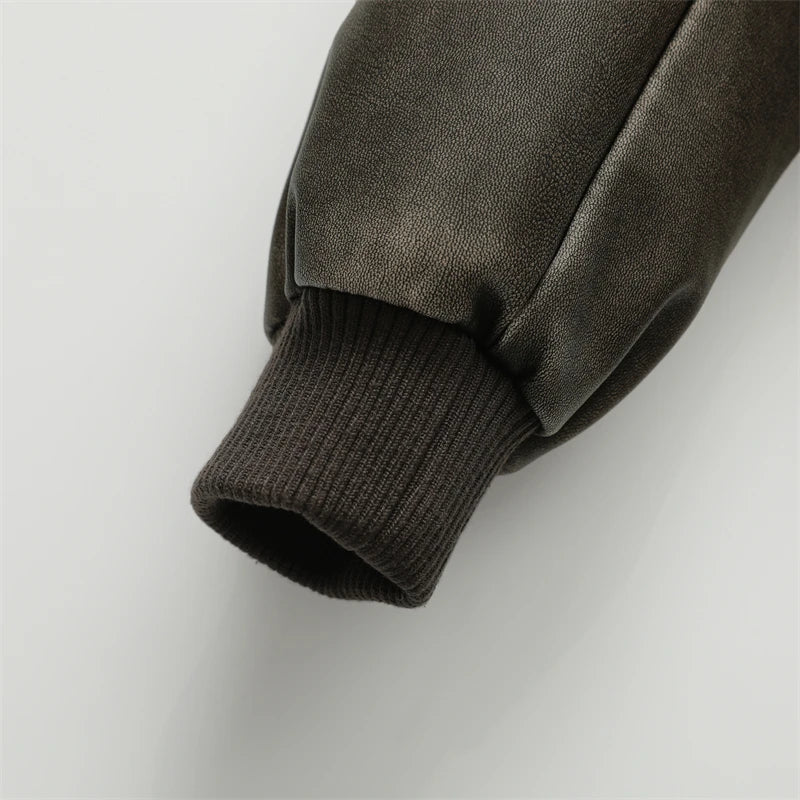 Veste Femme Vintage en Simili Cuir Lavé – Col Montant, Zippée, Style Motard Chic - Vestico