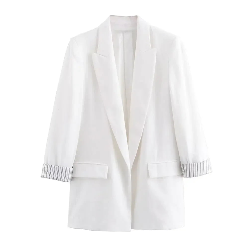 Blazer Femme Chic en Lin – Col Revers, Manches Longues Repliées, Style Business Décontracté - Vestico