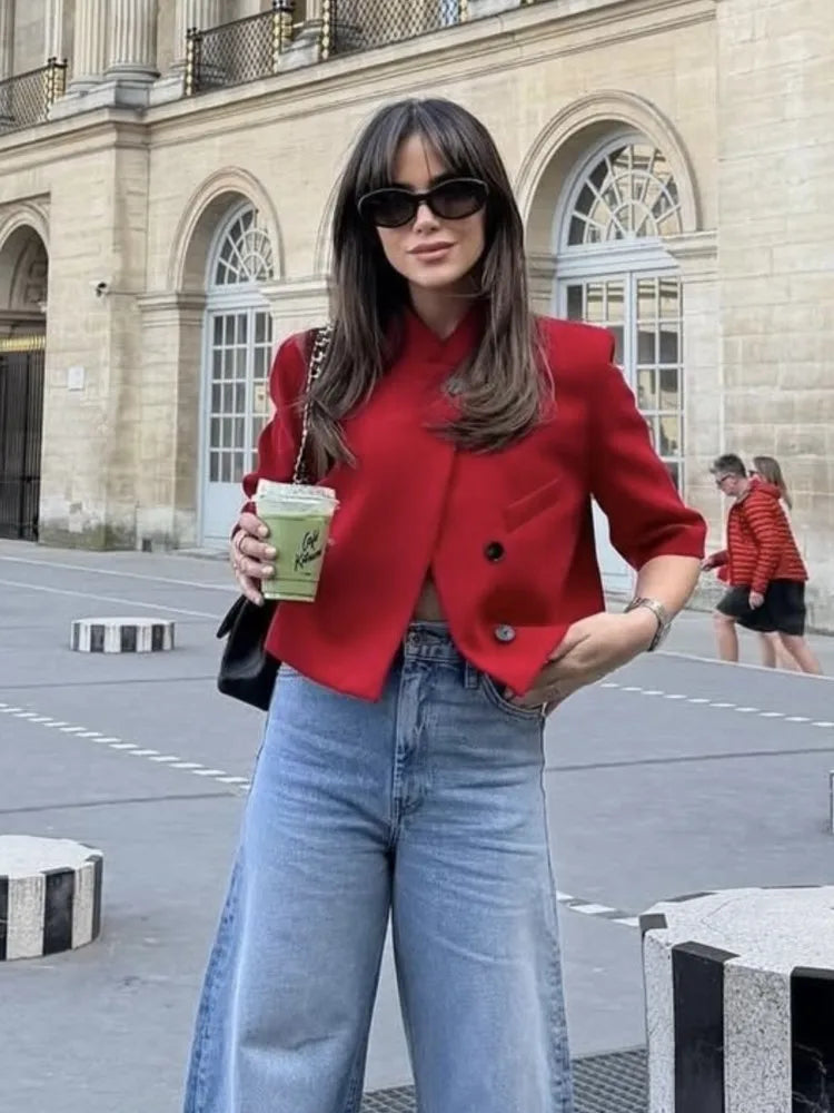 Blazer Court Femme – Col Montant, Manches Courtes & Style Chic