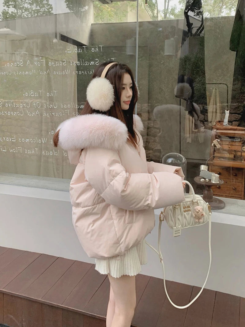 Parka femme rose à capuche – manteau d’hiver chaud style coréen