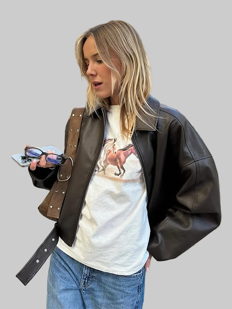 Veste Bomber Femme Simili Cuir Vintage – Coupe Loose avec Ceinture - Vestico