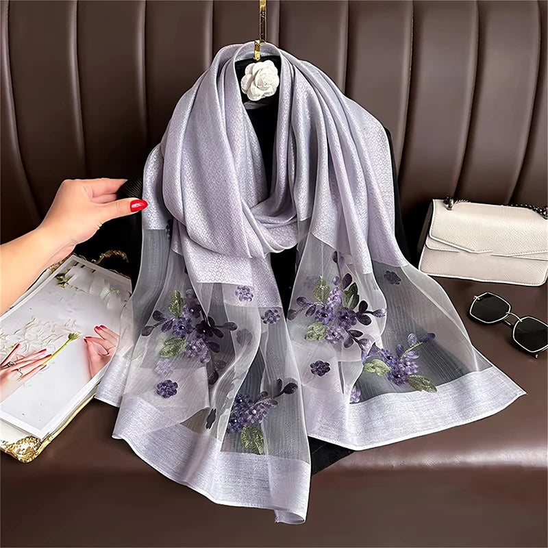 Women Silk Wool Scarf Floral Embroidery Hijab Female Foulard Spring Summer Thin Pashmina Shawls Wraps Bufanda Headscarf Stoles - Vestico