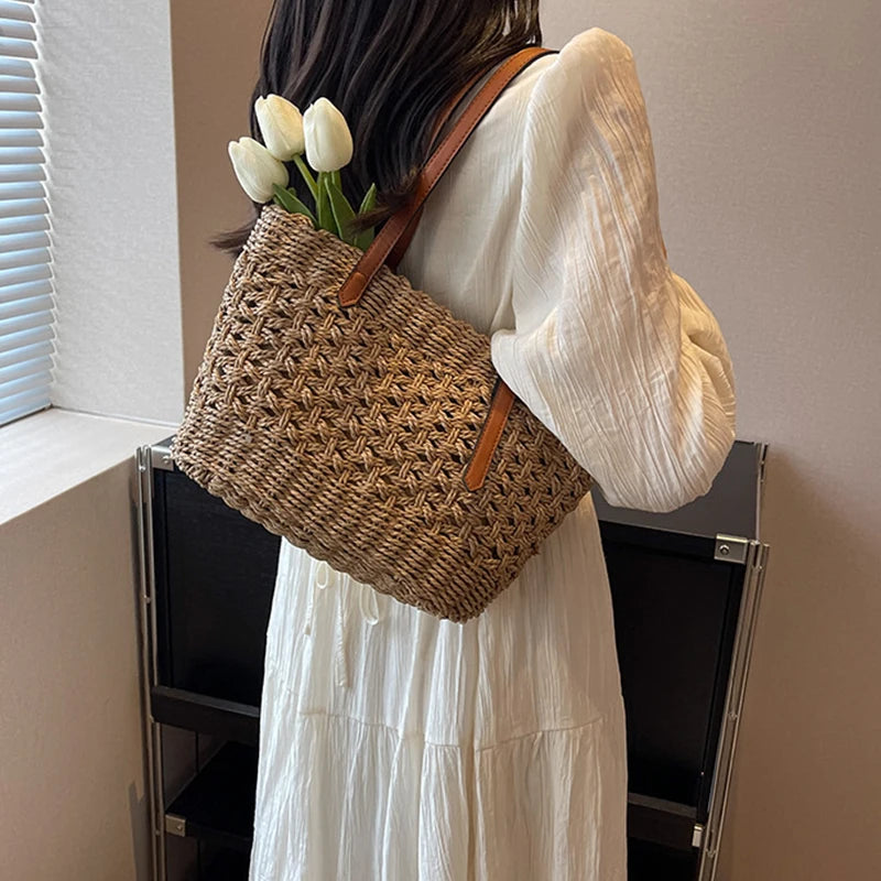 Sac Cabas Femme en Paille Tressée – Grande Capacité, Bohème & Élégant