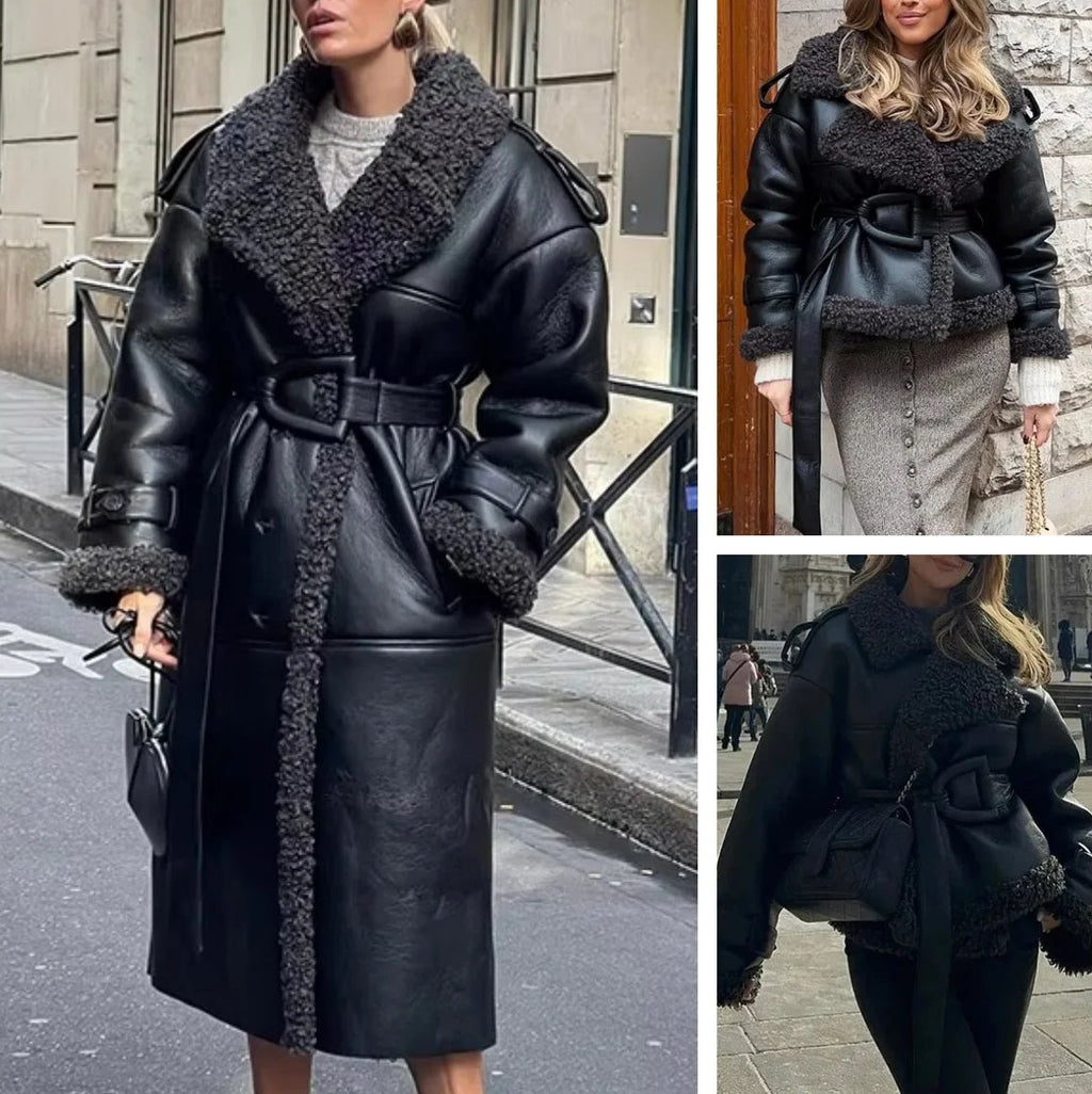 Manteau long femme effet cuir et fausse fourrure – ceinturé style urbain