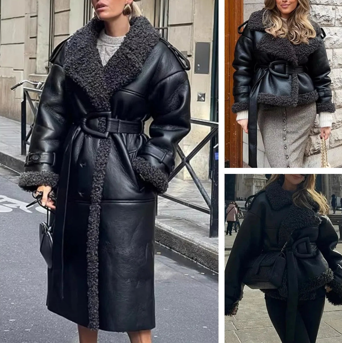 Manteau long femme effet cuir et fausse fourrure – ceinturé style urbain