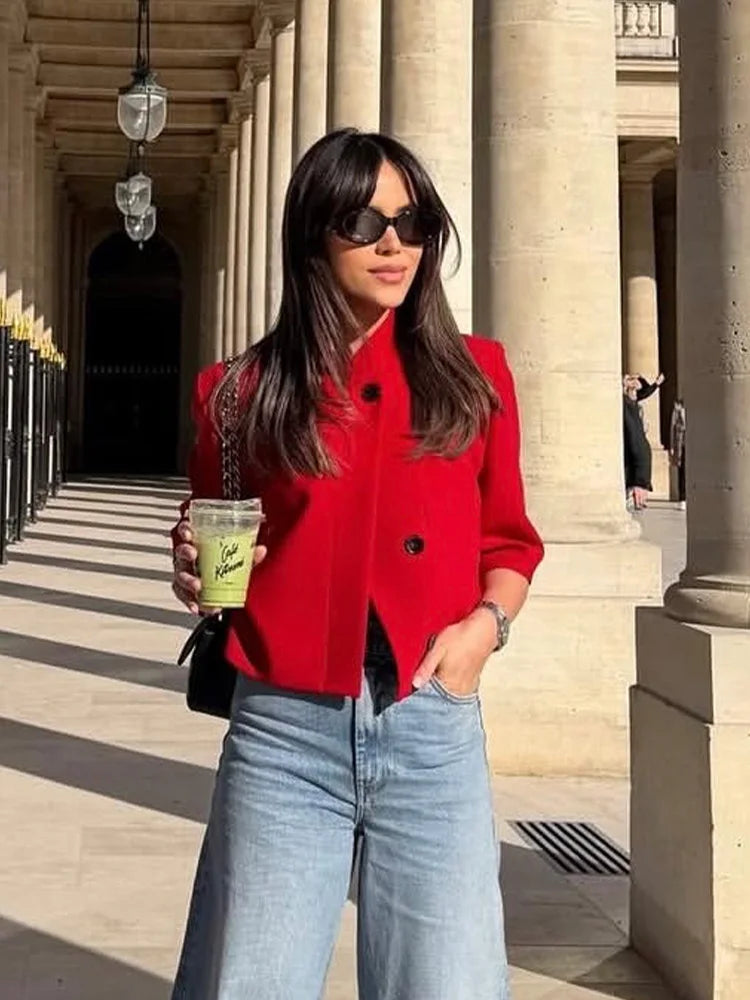 Blazer Court Femme – Col Montant, Manches Courtes & Style Chic
