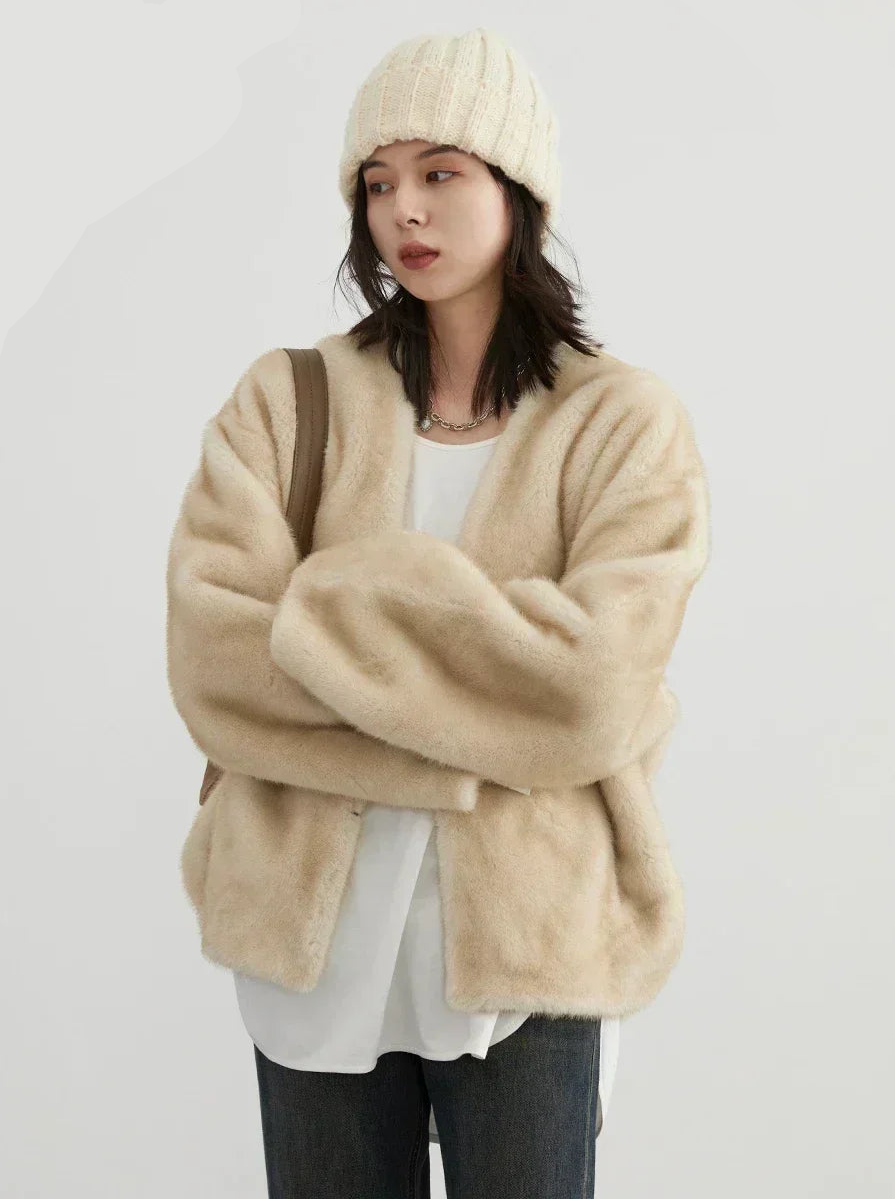 Veste femme ample à col V – manteau chaud style casual automne hiver