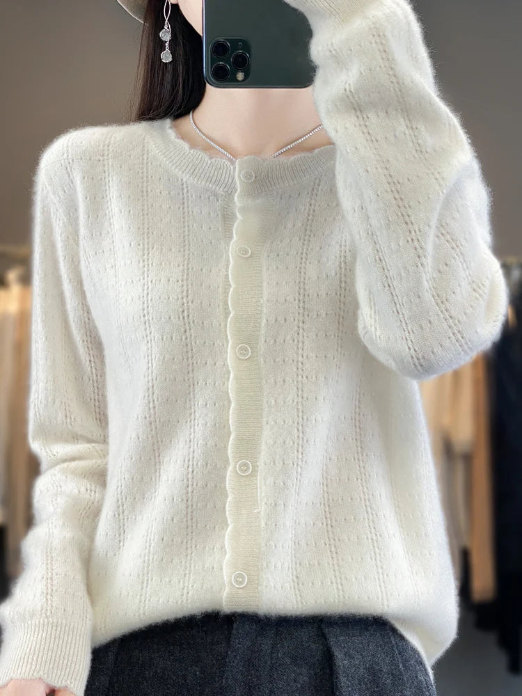 Cardigan Femme 100% Laine Mérinos – Design Dentelle et Tricot Creux - Vestico