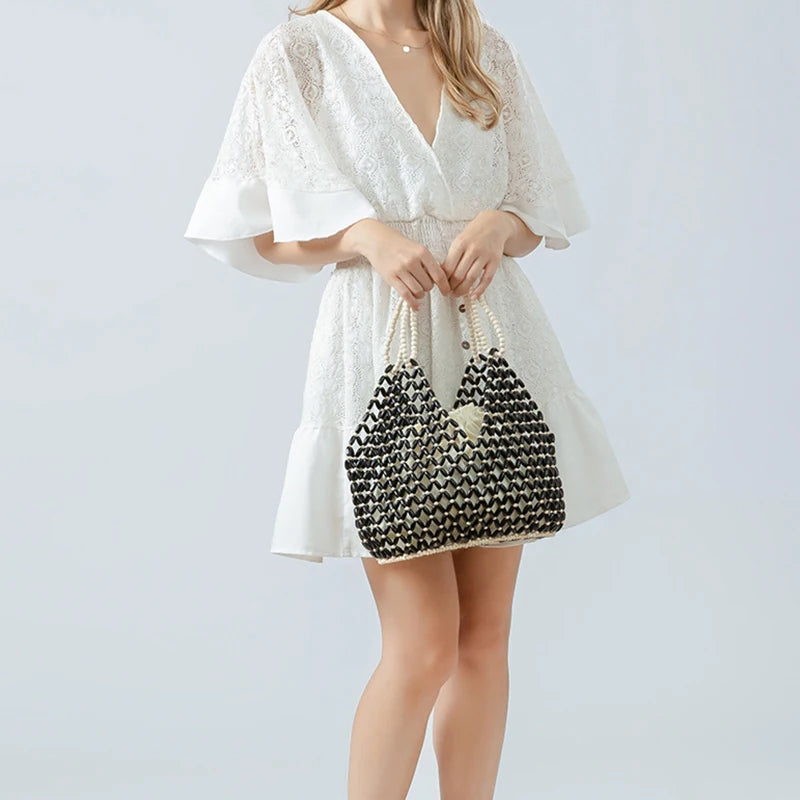 Sac Seau Femme en Perles de Bois – Fait Main, Rétro & Élégant
