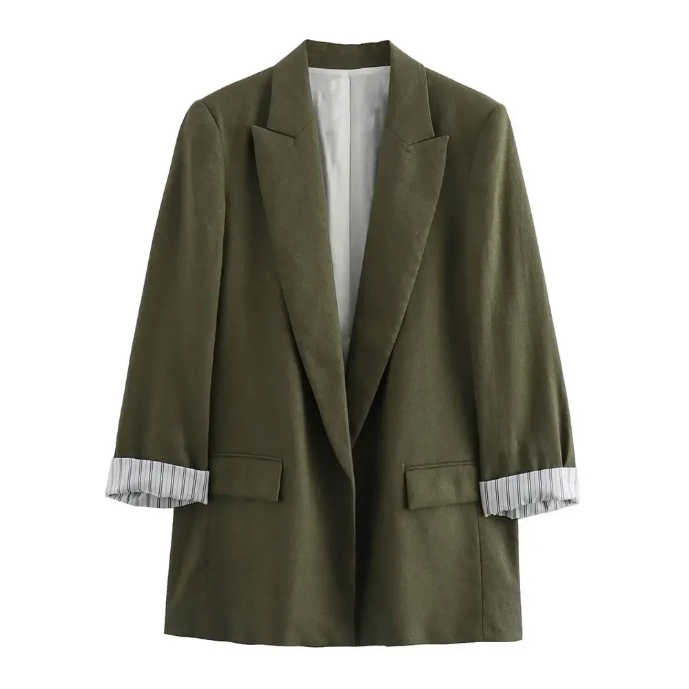 Blazer Femme Chic en Lin – Col Revers, Manches Longues Repliées, Style Business Décontracté - Vestico