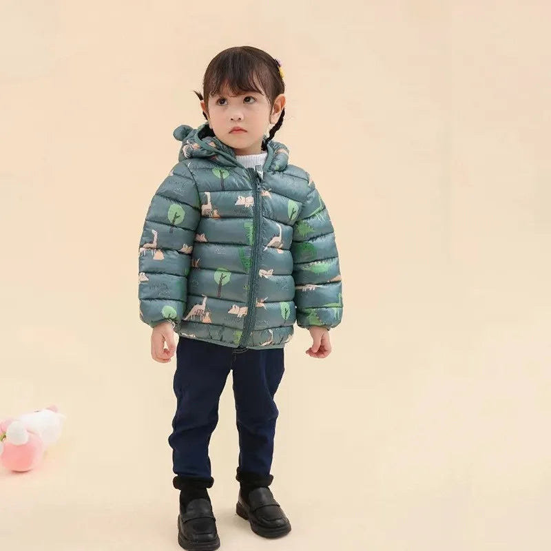 Children Boys Baby Hooded Lightweight Down Jackets Warm Outerwear Autumn Kids Girls Coats Cartoon Dinosaur Print Casual Clothing - Vestico