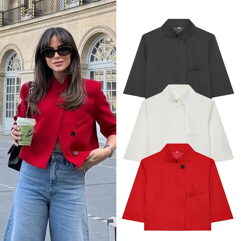 Blazer Court Femme – Col Montant, Manches Courtes & Style Chic