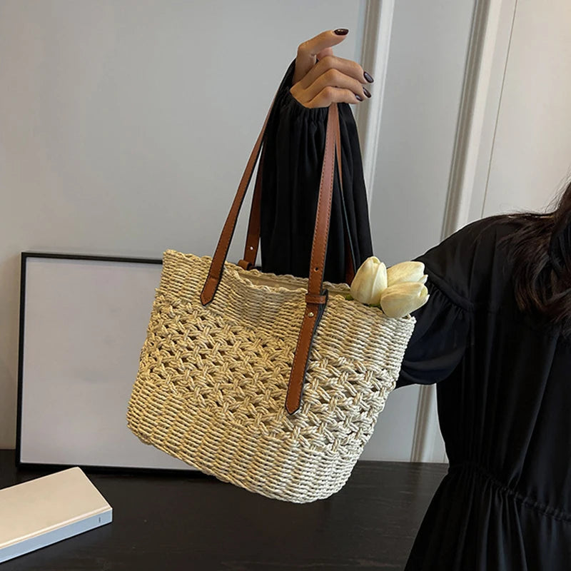 Sac Cabas Femme en Paille Tressée – Grande Capacité, Bohème & Élégant
