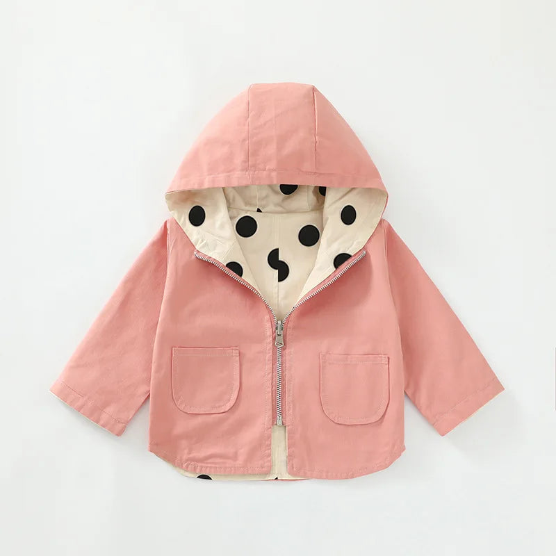 1 2 3 4 5 Years Girls Jacket Spring Autumn Dots Double Sided Fashion Princess Windbreaker Hooded Zipper Baby Coat Kids Clothes - Vestico