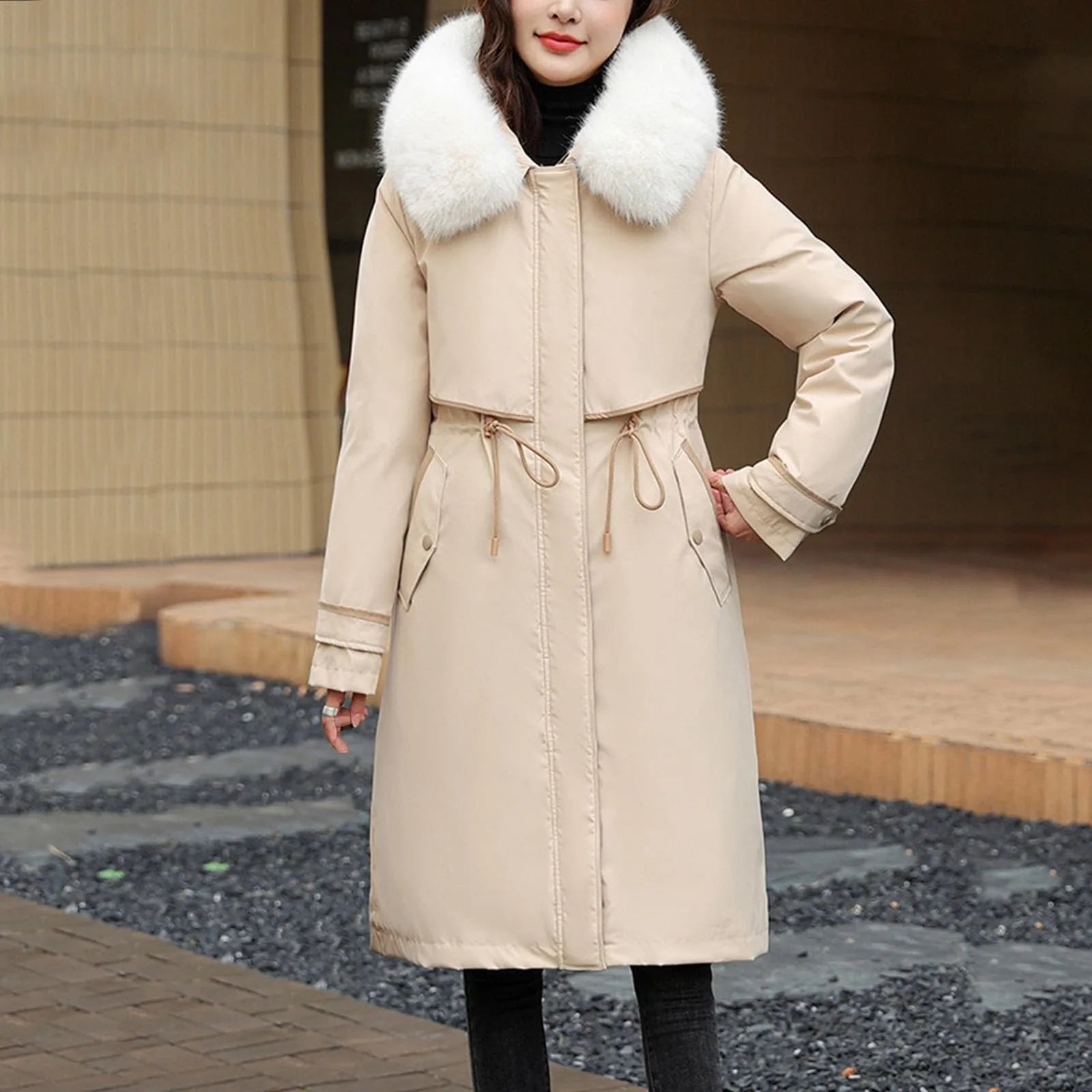 Manteau long femme à capuche – style coréen chaud pour l’hiver
