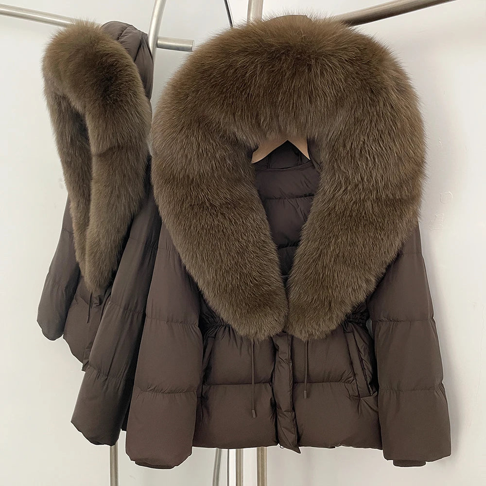 Doudoune femme avec capuche fourrure naturelle – manteau chaud luxe hiver