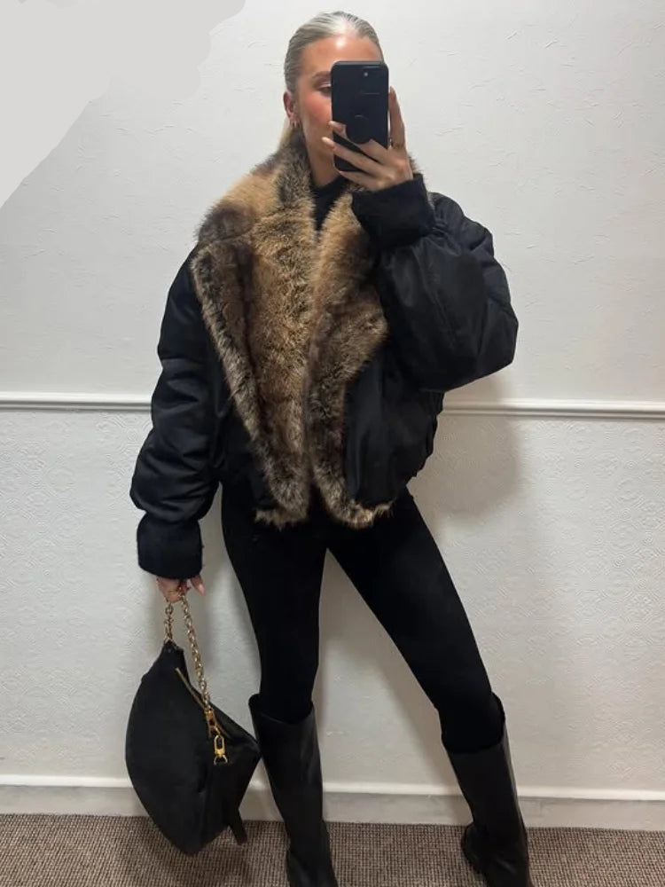 Veste courte femme en fausse fourrure patchwork – style streetwear hiver