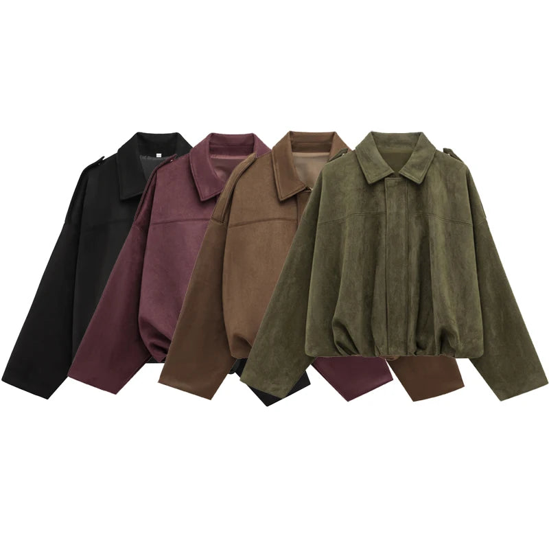 Veste Bomber Femme Suédine – Col Revers, Coupe Courte, Style Racing Chic - Vestico