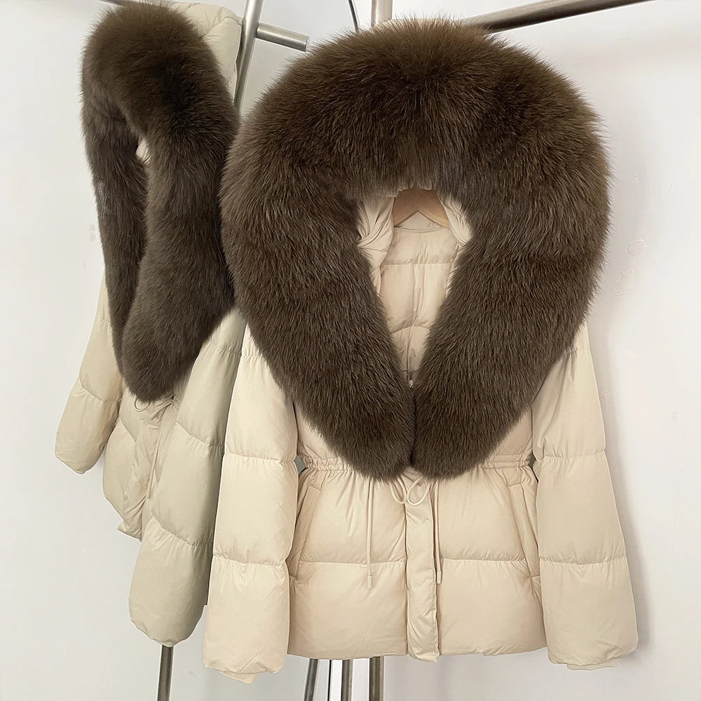 Doudoune femme avec capuche fourrure naturelle – manteau chaud luxe hiver
