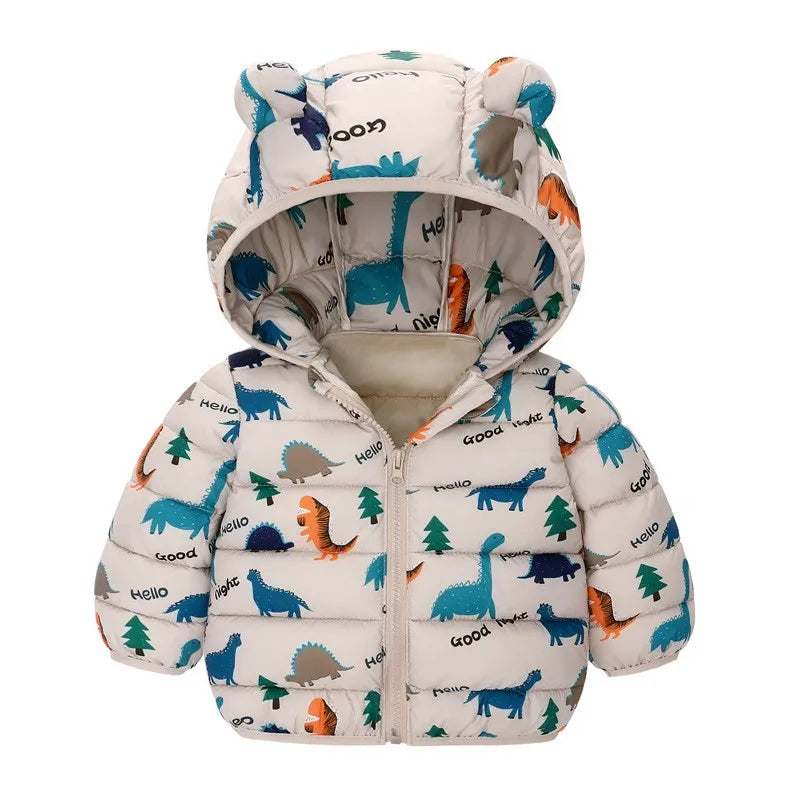 Children Boys Baby Hooded Lightweight Down Jackets Warm Outerwear Autumn Kids Girls Coats Cartoon Dinosaur Print Casual Clothing - Vestico