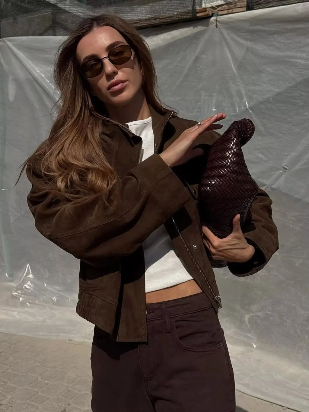 Veste femme effet suédine col montant – manteau chic automne/hiver