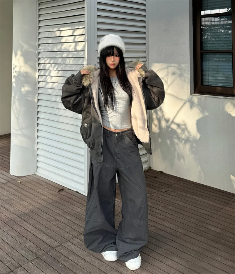 Parka d’hiver à capuche avec col en fausse fourrure – style Y2K streetwear